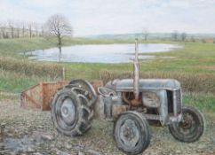 ALEX WILLIAMS oil on canvas - old tractor in farmland, signed, 32 x 44ins (81 x 112cms)