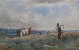 SIDNEY GOODWIN watercolour - harvesting figures and cart-horses in English landscape, signed, 12.
