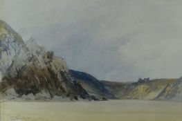 JOHN CALLOW watercolour - coastal scene with hilltop castle, signed and with title on Abbot & Holder