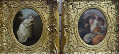 LATE EIGHTEENTH CENTURY EUROPEAN SCHOOL pair of oval oil on panels in gilt rococo carved frames -