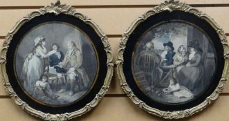 Pair of circular antique prints of vignettes with black glass and gilt frames, 10.5ins diam (27cms)