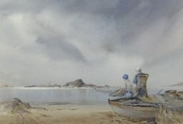 EDWARD EMERSON watercolour - coastal scene with figures, entitled on artist's label verso '
