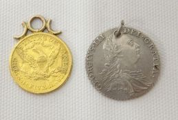 A believed gold five dollar coin with monogrammed obverse; together with a George III 1787