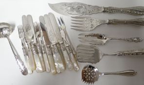 A pair of elegant fish servers together with a  parcel of mixed silver / part silver flatware,