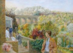 FELICITY CHARLTON oil on board - figures in a garden and balcony, entitled verso 'Viaduct', signed