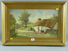 ROBERT JONES (of Llandudno) oil on canvas - thatched cottage with children playing, signed and