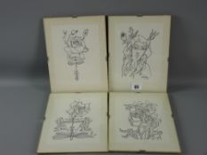 JEAN COCTEAU four lithographs, mounted under glass - stylized heads with flowers, two with printed