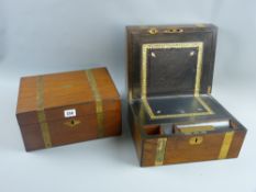 A Victorian walnut writing slope with ebony edging and brass straps, gilt tooled interior skiver, no