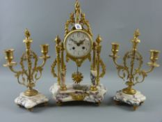 A French marble and gilt metal clock garniture with floral swag painted enamel dial, eight day