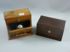 An early 20th Century oak scent bottle/jewellery casket with Gothic style brass embellishments,