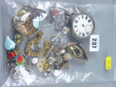 A bag of mixed dress jewellery and a silver encased gent's pocket watch (scrap)