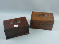 Two Georgian mahogany lidded boxes with brass swan neck carry handles, both with multi-compartment