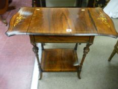 A Victorian rosewood two tier twin flap side table with inlay, 69.5 x 76 cms open