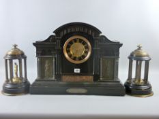 A large excellent late Victorian clock garniture, the black slate domed top clock in architectural
