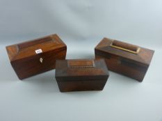 A mahogany sarcophagus form tea caddy with ivory escutcheon on turned bun feet, twin lid interior