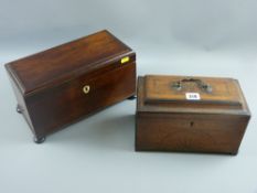 A Victorian rosewood tea caddy with shield shaped ivory escutcheon on turned bun feet, twin wooden