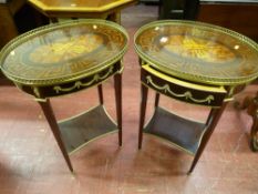 A pair of reproduction Empire style oval topped side tables with pierced brass galleries, multi-wood