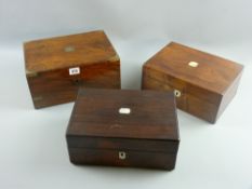 Two rosewood lidded boxes with mother of pearl top cartouche and escutcheons, both 12 x 28 cms