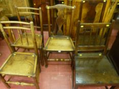 Two elm triple spindlebacked country chairs, another similar splatback chair, an early antique oak