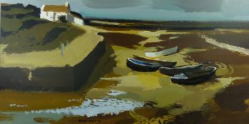 DONALD McINTYRE acrylic - five beached boats with figure by a cottage, signed and with original