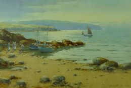 WARREN WILLIAMS ARCA watercolour - Anglesey coastalscape with figures landing their catch and