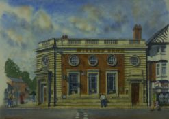 BARBARA HAMPTON watercolour - a fine study of the Midland Bank Building at Newtown, Powys, being a