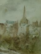 JOHN KNAPP FISHER watercolour - Tenby village scene with church spire, signed and dated 2001