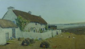 JOHN McDOUGAL watercolour - thatched cottages at Cemaes Bay with numerous figures and poultry and