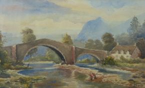ENGLISH SCHOOL watercolour - Llanrwst Bridge with fisherman, indistinctly monogrammed (TP, TD?)