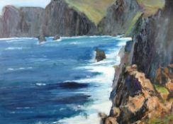 MAVIS GWILLIAM acrylic on board - Madeiran coastal cliffs, signed, 44 x 59 cms
