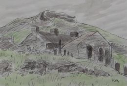 SIR KYFFIN WILLIAMS RA watercolour and pencil - upland farm and winding dry-stone wall, signed, 20 x