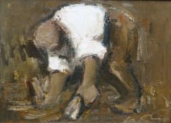 WILL ROBERTS oil on canvas - figure bent-over, entitled verso 'Gardening', signed and dated verso