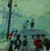 NICK HOLLY mixed media - boys playing on steps, signed, 18 x 18 cms