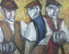 MIKE JONES oil - three farmers, signed, 38 x 49 cms