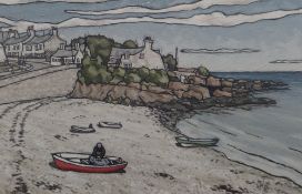ALAN (EA) WILLIAMS acrylic on Fabriano rough paper - shoreline with figure and cottage, entitled '
