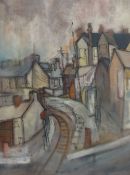 JOHN UZZELL EDWARDS oil on board - South Wales Valleys street scene with railway track entitled