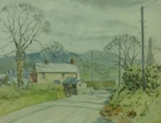 MAURICE A GREENWOOD watercolour - pastoral scene with figures on a country lane by a house, signed