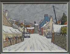 ALAN (EA) WILLIAMS oil on board - Pembrokeshire street in winter, entitled 'Snow, Littlehaven',