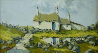 CHARLES WYATT WARREN oil on board - Welsh cottage with pond and pathway, signed, 19 x 34 cms (in a