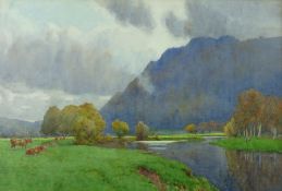 WILLIE STEPHENSON watercolour - River Conwy opposite Dolgarrog with cattle grazing and figures on