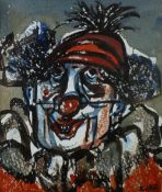 KAREL LEK ink and acrylic - head and shoulders portrait of a jolly clown, signed, 16 x 14 cms