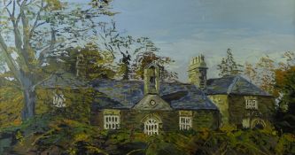 ROWENA WYN oil on board - study of the old school at Llanrhos, Llandudno, signed and with original