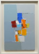 MARY JOLLEY oil on canvas - abstract with colourful blocks on a grey background, entitled verso '