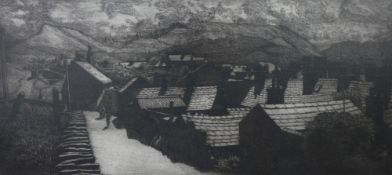 DAVID WOODFORD atmospheric etching - street scene, Bethesda with figures on a back lane, signed