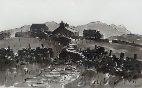 SIR KYFFIN WILLIAMS RA colourwash - upland cottages and dry-stone walls near Caernarfon, entitled '