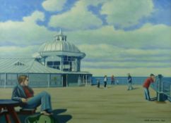 IEUAN WILLIAMS oil on canvas - Llandudno Pier with figures, signed and dated 2015, 49 x 69 cms