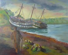 ROWEN WYN oil on board - HMS Conway on the Straits in its beached distressed state and man with
