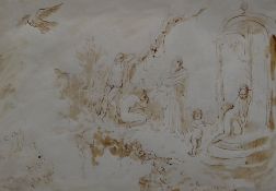 AUGUSTUS JOHN sepia ink and colour wash - Greek mythological garden with robed and nude figures