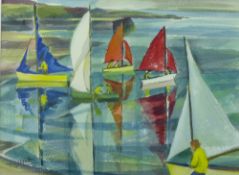 MERYL WATTS watercolour - coastline scene with numerous colourful yachts and figures, signed and