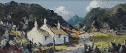 CHARLES WYATT WARREN oil on board - white-washed cottages on a lane, Snowdonia, signed, 23 x 56cms